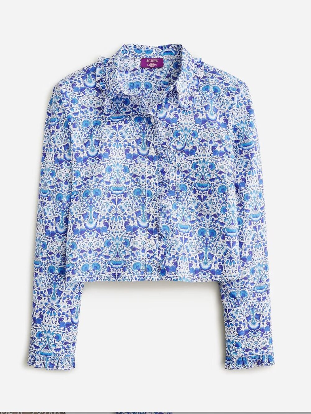 Ruffle-trim button-up shirt in Liberty® Lodden fabric